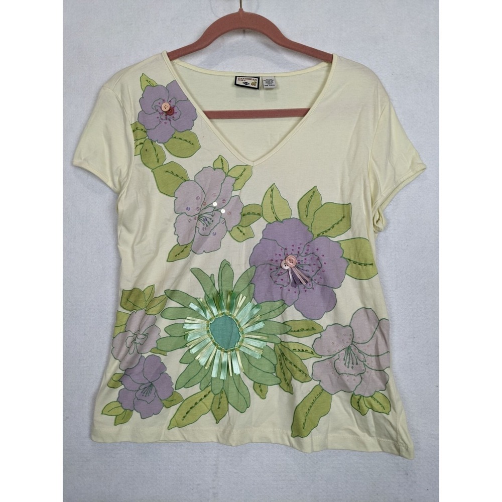 Caribbean Joe Floral Embellished T-Shirt Ribbon Button Accents Size M